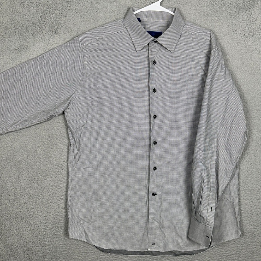 David Donahue Dress Shirt Mens 17.5 34-35 Trim Black White Houndstooth Button Up